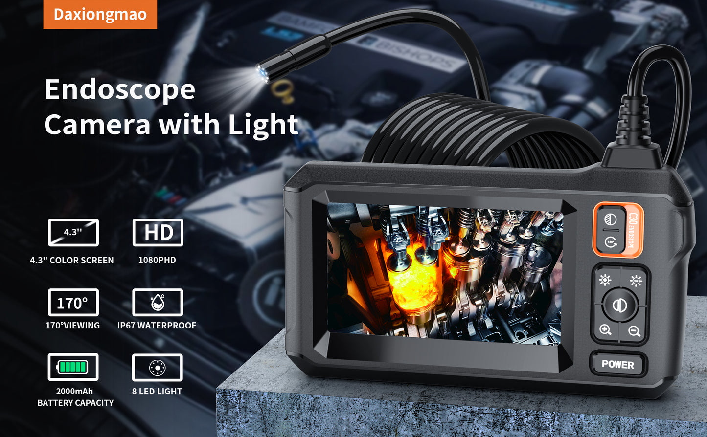 Daxiongmao Borescope, Endoscope Camera with Light, IP67 Waterproof Endoscope, 1080P HD Camera, 16.5ft Endoscope Camera, 4.3”