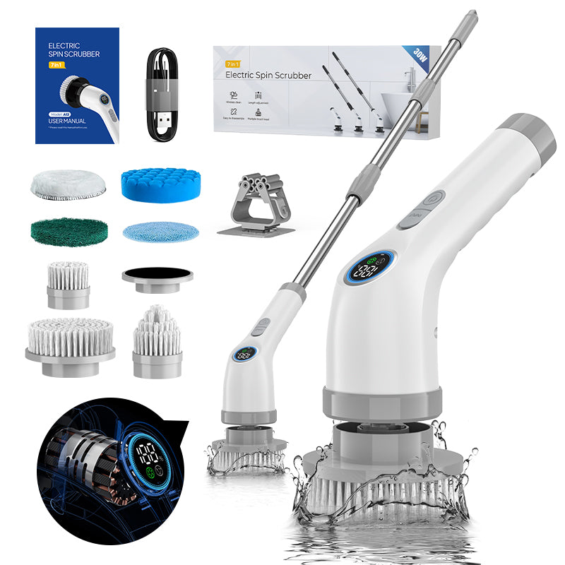 Daxiongmao Electric Spin Scrubber, Cordless Shower Cleaning Brush with 8 Replaceable Brush Heads,360RPM Power Scrubber with 2 Adjustable Speeds, 16-41inch Adjustable & Detachable Long Handle