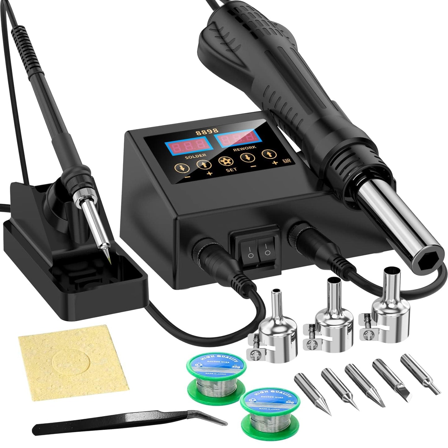 Daxiongmao 2 in 1 Hot Air Rework and Soldering Iron Station with °F /°C, Cool/Hot Air Conversion, Digital Temperature Correction and Sleep Function, Gift for Men