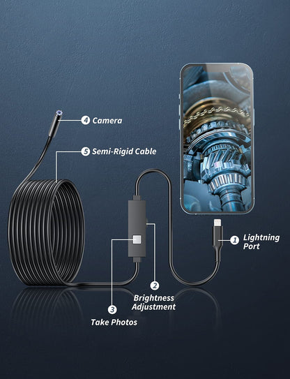 Daxiongmao Endoscope Camera with Light, 1920P HD Borescope with 8 Adjustable LED Lights, IP67 Waterproof Endoscope with 16.4ft Semi-Rigid snake camera, 7.9mm Inspection Camera for IOS and Android