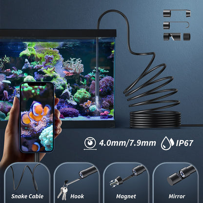 Daxiongmao Endoscope Camera with Light, 1920P HD Borescope with 8 Adjustable LED Lights, IP67 Waterproof Endoscope with 16.4ft Semi-Rigid snake camera, 7.9mm Inspection Camera for IOS and Android