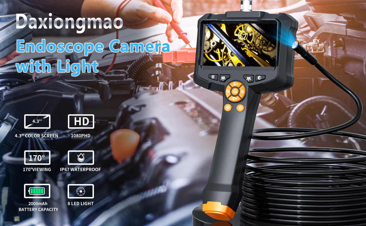 Daxiongmao Borescope, 4.3" Endoscope Camera with Light, IP67 Waterproof Endoscope, 1080 HD Camera, 16.5ft Endoscope Camera