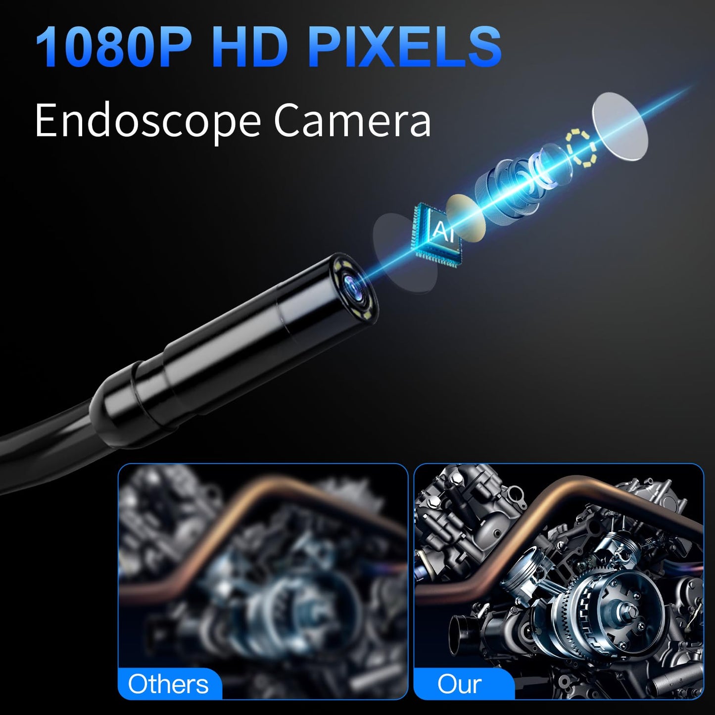 Endoscope Camera with Light, HD 1080P Borescope Camera with 8 Adjustable LED Lights, IP67 Waterproof Inspection Camera Snake Camera with 16.5ft Semi-Rigid Cord, Cool Gadgets for Men