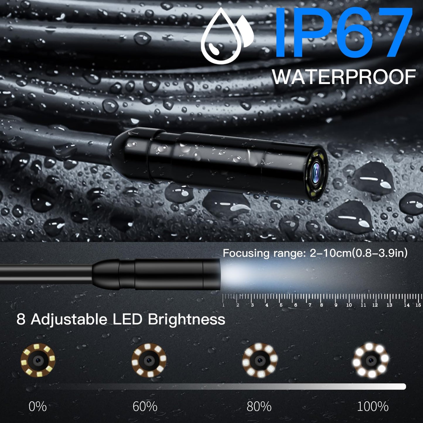 Endoscope Camera with Light, HD 1080P Borescope Camera with 8 Adjustable LED Lights, IP67 Waterproof Inspection Camera Snake Camera with 16.5ft Semi-Rigid Cord, Cool Gadgets for Men