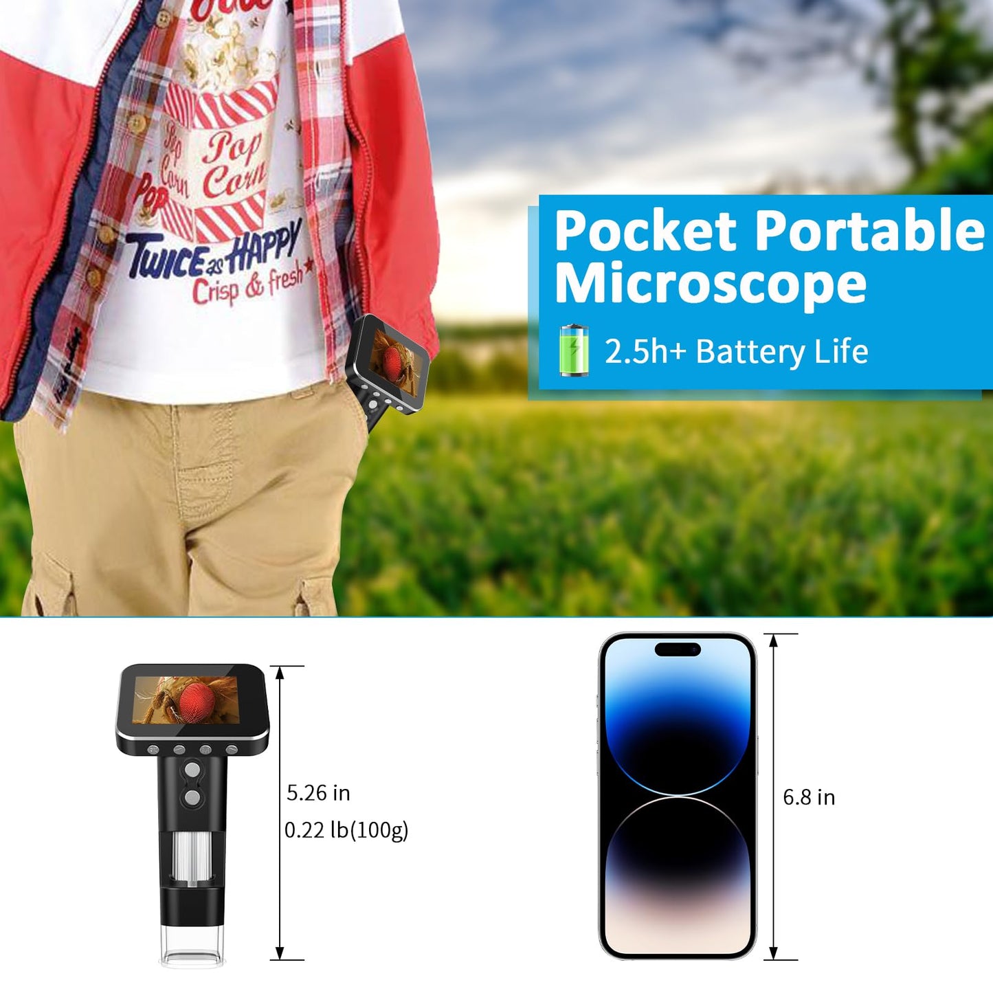 Daxiongmao Portable Handheld Microscope - 2.4" LCD Screen 1000X Pocket Microscope for Kids Adults, 3 Levels Brightless Adjustable USB Connect to PC Mini Microscope