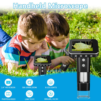 Daxiongmao Portable Handheld Microscope - 2.4" LCD Screen 1000X Pocket Microscope for Kids Adults, 3 Levels Brightless Adjustable USB Connect to PC Mini Microscope