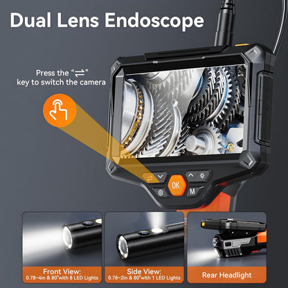 Daxiongmao Dual Lens Endoscope Camera with Light, 5" IPS Screen Borescope,1080P HD Camera, IP67 Waterproof Flexible Cable 16.4ft